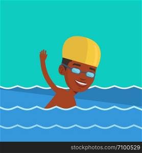 Young african-american sportsman in cap and glasses swimming in pool. Professional male swimmer in swimming pool. Man swimming forward crawl style. Vector flat design illustration. Square layout.. Man swimming vector illustration.