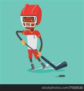 Young african-american sportsman playing ice hockey. Male ice hockey player in uniform skating on a rink. Male ice hockey player with a stick and puck. Vector flat design illustration. Square layout.. Ice hockey player vector illustration.