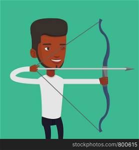 Young african-american sportsman practicing in archery. Concentrated sportive man training with the bow. Archery player aiming with a bow in hands. Vector flat design illustration. Square layout.. Archer training with the bow vector illustration.