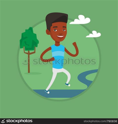 Young african-american sportsman running outdoors. Sportsman running in the park. Running sportsman on forest road. Vector flat design illustration in the circle isolated on background.. Young man running vector illustration.