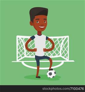 Young african-american sportsman standing with football ball on the stadium. Professional football player standing with a soccer ball on the field. Vector flat design illustration. Square layout.. Football player with ball vector illustration.