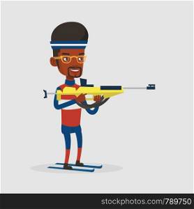 Young african-american sportsman taking part in ski biathlon competition. Happy biathlon runner aiming at the target. Biathlon shooter with a weapon. Vector flat design illustration. Square layout.. Cheerful biathlon runner aiming at the target.