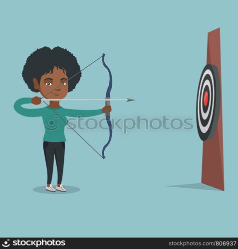 Young african-american sportswoman aiming with a bow and arrow at the target. Concentrated sportswoman shooting an arrow during an archery competition. Vector cartoon illustration. Square layout.. Sportswoman aiming with a bow and arrow at target.