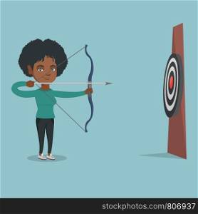 Young african-american sportswoman aiming with a bow and arrow at the target. Concentrated sportswoman shooting an arrow during an archery competition. Vector cartoon illustration. Square layout.. Sportswoman aiming with a bow and arrow at target.