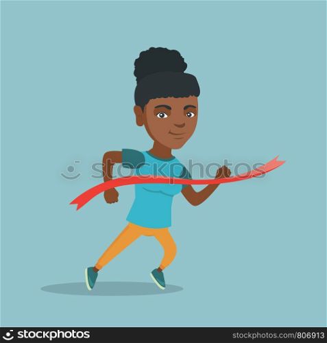 Young african-american sportswoman crossing the finish line. Cheerful smiling sportswoman breaking the finish line and winning a marathon. Winning concept. Vector cartoon illustration. Square layout.. Young african sportswoman crossing finish line.