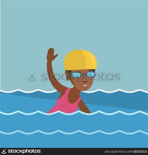 Young african-american sportswoman in a cap and glasses swimming in the pool. Professional sportswoman swimming the front crawl. Sport and leisure concept. Vector cartoon illustration. Square layout.. Young african-american sportswoman swimming.