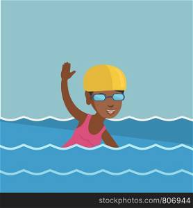 Young african-american sportswoman in a cap and glasses swimming in the pool. Professional sportswoman swimming the front crawl. Sport and leisure concept. Vector cartoon illustration. Square layout.. Young african-american sportswoman swimming.
