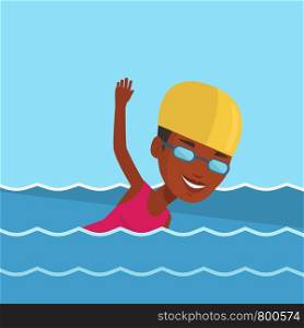 Young african-american sportswoman in cap and glasses swimming in pool. Professional female swimmer in swimming pool. Woman swimming forward crawl style. Vector flat design illustration. Square layout. Woman swimming vector illustration.