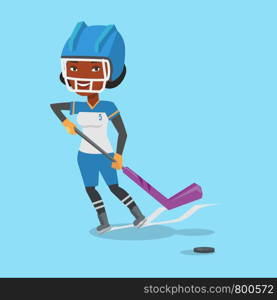 Young african-american sportswoman playing ice hockey. Female ice hockey player in uniform skating on a rink. Ice hockey player with a stick and puck. Vector flat design illustration. Square layout.. Ice hockey player vector illustration.
