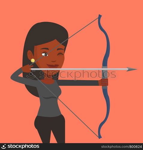 Young african-american sportswoman practicing in archery. Concentrated sportive woman training with the bow. Archery player aiming with a bow in hands. Vector flat design illustration. Square layout.. Archer training with the bow vector illustration.