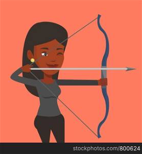 Young african-american sportswoman practicing in archery. Concentrated sportive woman training with the bow. Archery player aiming with a bow in hands. Vector flat design illustration. Square layout.. Archer training with the bow vector illustration.