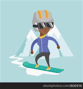 Young african-american sportswoman snowboarding on the background of snow capped mountains. Snowboarder snowboarding on the piste in the mountains. Vector cartoon illustration. Square layout.. Young african-american woman snowboarding.