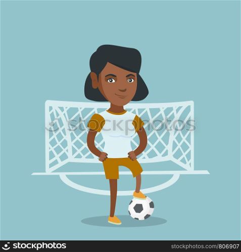 Young african-american sportswoman standing with a football ball on the background of football gate. Football player standing with a ball on the field. Vector cartoon illustration. Square layout.. Young african-american football player with ball.