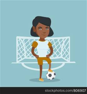 Young african-american sportswoman standing with a football ball on the background of football gate. Football player standing with a ball on the field. Vector cartoon illustration. Square layout.. Young african-american football player with ball.