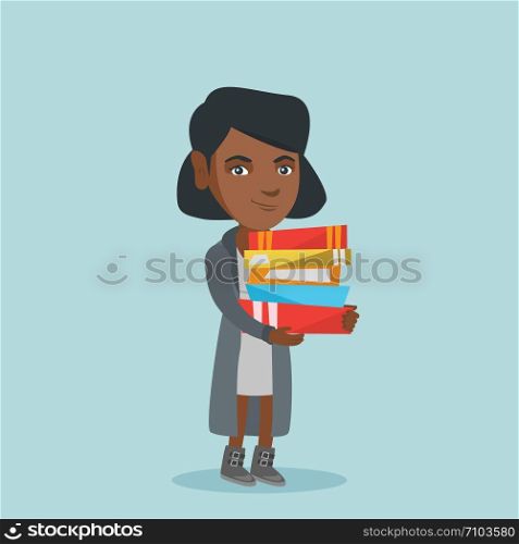 Young african-american student holding a pile of educational books in hands. Student preparing for the exam with a huge stack books. Vector cartoon illustration. Square layout.. Young african student holding pile of books.