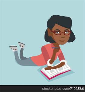 Young african-american student laying on the floor and reading a book. Student lying on the floor with book and preparing for the exam. Concept of education. Vector cartoon illustration. Square layout. Student laying on the floor and reading a book.