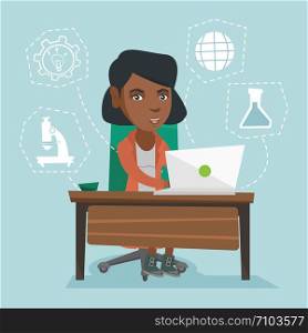 Young african-american student sitting at the table and working on a laptop connected with icons of school sciences. Concept of educational technology. Vector cartoon illustration. Square layout.. Young african-american student working on a laptop