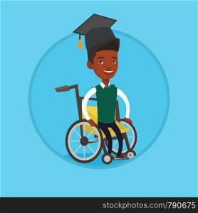 Young african-american student sitting in wheelchair. Graduate sitting in wheelchair. Disabled graduate sitting in wheelchair. Vector flat design illustration in the circle isolated on background.. Graduate sitting in wheelchair vector illustration