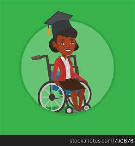 Young african-american student sitting in wheelchair. Graduate sitting in wheelchair. Disabled graduate sitting in wheelchair. Vector flat design illustration in the circle isolated on background.. Graduate sitting in wheelchair vector illustration