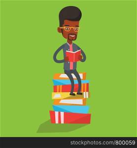 Young african-american student sitting on huge pile of books. Happy student reading book. Smiling man sitting on stack of books with book in hands. Vector flat design illustration. Square layout.. Student sitting on huge pile of books.