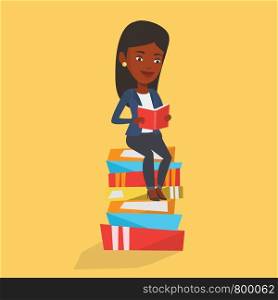 Young african-american student sitting on huge pile of books. Happy student reading book. Smiling woman sitting on stack of books with book in hands. Vector flat design illustration. Square layout.. Student sitting on huge pile of books.
