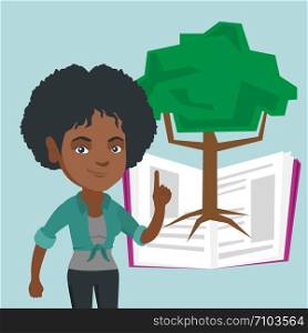 Young african-american student standing on the background of tree growing from open book. Student pointing at tree of knowledge. Concept of education. Vector cartoon illustration. Square layout.. African student pointing at tree of knowledge.
