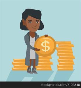 Young african-american successful business woman showing dollar gold coin. Successful business woman holding gold coin in hands. Business success concept. Vector cartoon illustration. Square layout.. African successful business woman with dollar coin