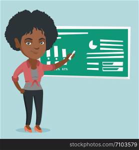Young african-american teacher or student standing in front of the blackboard with a piece of chalk in hand. Teacher writing on the blackboard with chalk. Vector cartoon illustration. Square layout.. Young african-american woman writing on chalkboard