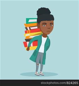 Young african-american tired student carrying a heavy pile of books on back. Disappointed student walking with a huge stack of books. Concept of education. Vector cartoon illustration. Square layout.. Student carrying a heavy pile of books on back.