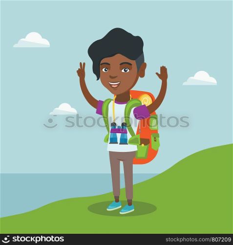 Young african-american tourist with a backpack standing on the cliff with raised hands and enjoying the scenery. Happy tourist hiking in the mountains. Vector cartoon illustration. Square layout.. Young tourist enjoying the scenery with hands up.