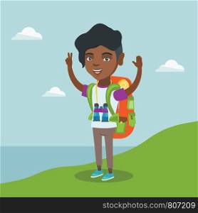 Young african-american tourist with a backpack standing on the cliff with raised hands and enjoying the scenery. Happy tourist hiking in the mountains. Vector cartoon illustration. Square layout.. Young tourist enjoying the scenery with hands up.