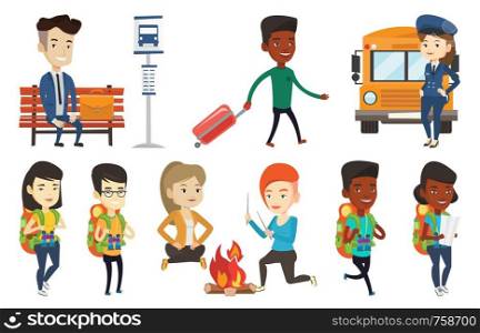 Young african-american traveler with backpack and binoculars looking at map. Happy backpacker searching right direction on a map. Set of vector flat design illustrations isolated on white background.. Transportation vector set with people traveling.