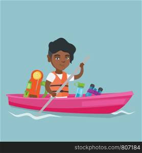 Young african-american traveler woman riding a kayak on the river. Cheerful traveler woman traveling by kayak. Concept of travel and tourism. Vector cartoon illustration. Square layout.. Young african-american woman riding a kayak.