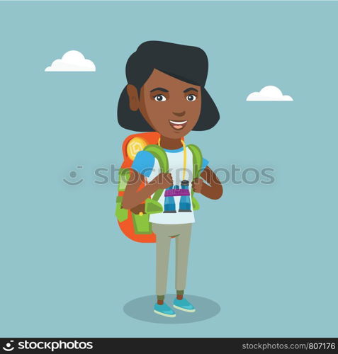 Young african-american traveler woman standing with a backpack and binoculars. Smiling traveler enjoying recreation time. Happy woman during summer trip. Vector cartoon illustration. Square layout.. Young african-american traveler with a backpack.