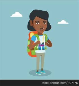 Young african-american traveler woman standing with a backpack and binoculars. Smiling traveler enjoying recreation time. Happy woman during summer trip. Vector cartoon illustration. Square layout.. Young african-american traveler with a backpack.