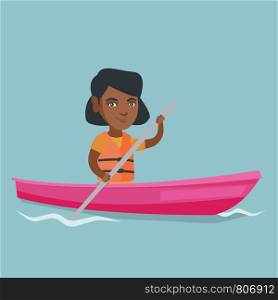 Young african-american traveler woman traveling by kayak. Sportswoman riding a kayak on river. Traveling woman paddling a canoe. Sport and tourism concept. Vector cartoon illustration. Square layout.. Young african-american woman travelling by kayak.