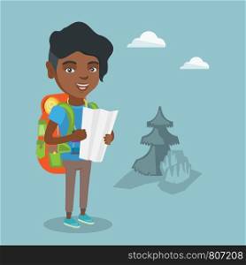 Young african-american traveler woman with backpack and binoculars looking at map. Full length of smiling traveler woman searching right direction on a map. Vector cartoon illustration. Square layout.. Young african-american traveler looking at map.