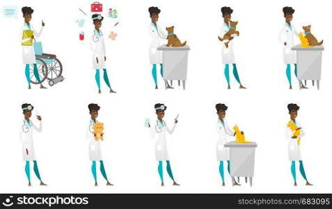 Young african-american veterinarian examining dog in hospital. Veterinarian doctor checking heartbeat of a dog with stethoscope. Set of vector flat design illustrations isolated on white background.. Vector set of doctor characters.