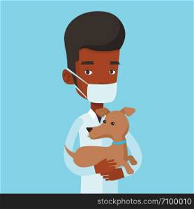 Young african-american veterinarian holding dog. Veterinarian in medical mask carrying a dod. Veterinarian examining dog. Medicine and pet care concept. Vector flat design illustration. Square layout.. Veterinarian with dog in hands vector illustration