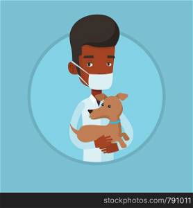 Young african-american veterinarian holding small dog. Veterinarian in medical mask carrying a dog. Veterinarian examining dog. Vector flat design illustration in the circle isolated on background.. Veterinarian with dog in hands vector illustration