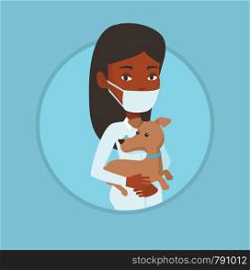 Young african-american veterinarian holding small dog. Veterinarian in medical mask carrying a dog. Veterinarian examining dog. Vector flat design illustration in the circle isolated on background.. Veterinarian with dog in hands vector illustration