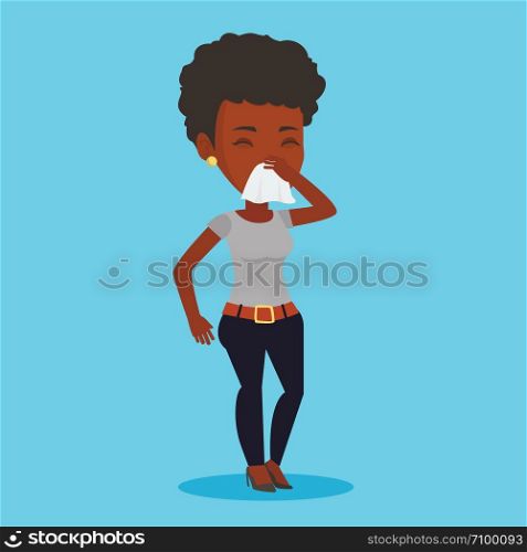 Young african-american woman blowing her nose to paper napkin. Sick woman sneezing. Unwell woman having an allergy and blowing her nose to a tissue. Vector flat design illustration. Square layout.. Young caucasian sick woman sneezing.