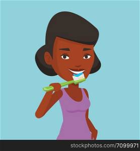 Young african-american woman brushing teeth. Smiling woman cleaning teeth. Cheerful woman taking care of her teeth. Happy girl with toothbrush in hand. Vector flat design illustration. Square layout.. Woman brushing her teeth vector illustration.