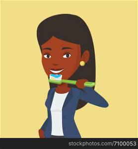 Young african-american woman brushing teeth. Smiling woman cleaning teeth. Cheerful woman taking care of her teeth. Happy girl with toothbrush in hand. Vector flat design illustration. Square layout.. Woman brushing her teeth vector illustration.