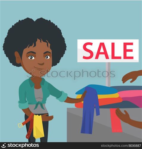 Young african-american woman buying clothes in the store on sale. Woman choosing clothes in the shop on sale. Woman shopping in the clothing shop on sale. Vector cartoon illustration. Square layout.. Young woman choosing clothes in the shop on sale.