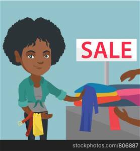 Young african-american woman buying clothes in the store on sale. Woman choosing clothes in the shop on sale. Woman shopping in the clothing shop on sale. Vector cartoon illustration. Square layout.. Young woman choosing clothes in the shop on sale.
