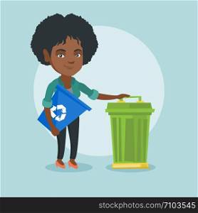 Young african-american woman carrying a recycling bin. Smiling woman holding a recycling bin while standing near a trash can. Concept of waste recycling. Vector cartoon illustration. Square layout.. African woman with recycle bin and trash can.