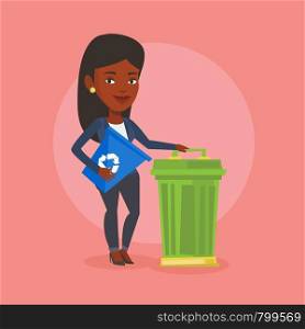 Young african-american woman carrying recycling bin. Smiling woman holding recycling bin while standing near a trash can. Waste recycling concept. Vector flat design illustration. Square layout.. Woman with recycle bin and trash can.