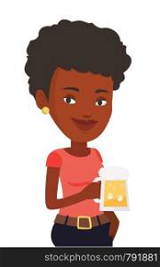 Young african-american woman celebrating with beer. Smiling woman holding a big glass of beer. Full length of female beer fan. Vector flat design illustration isolated on white background.. Woman drinking beer vector illustration.