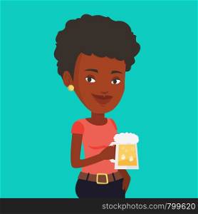 Young african-american woman celebrating with beer. Smiling woman holding a big glass of beer. Full length of female beer fan. Vector flat design illustration. Square layout. Woman drinking beer vector illustration.